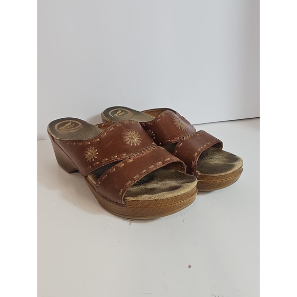 Dansko Shoes - Dansko Womens Size 40/9.5 Slip On Clog Sandals Sunny Brown Leather Wedge Slides